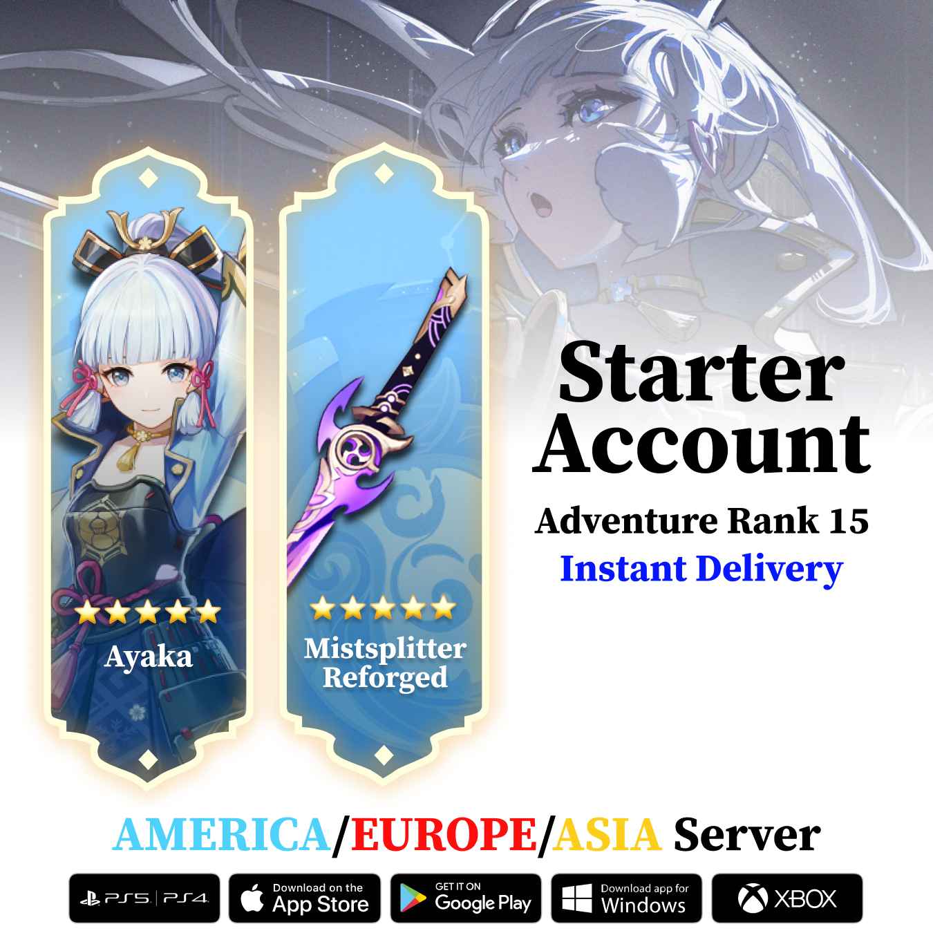 Kamisato Ayaka with Mistsplitter Reforged - Genshin Reroll Account