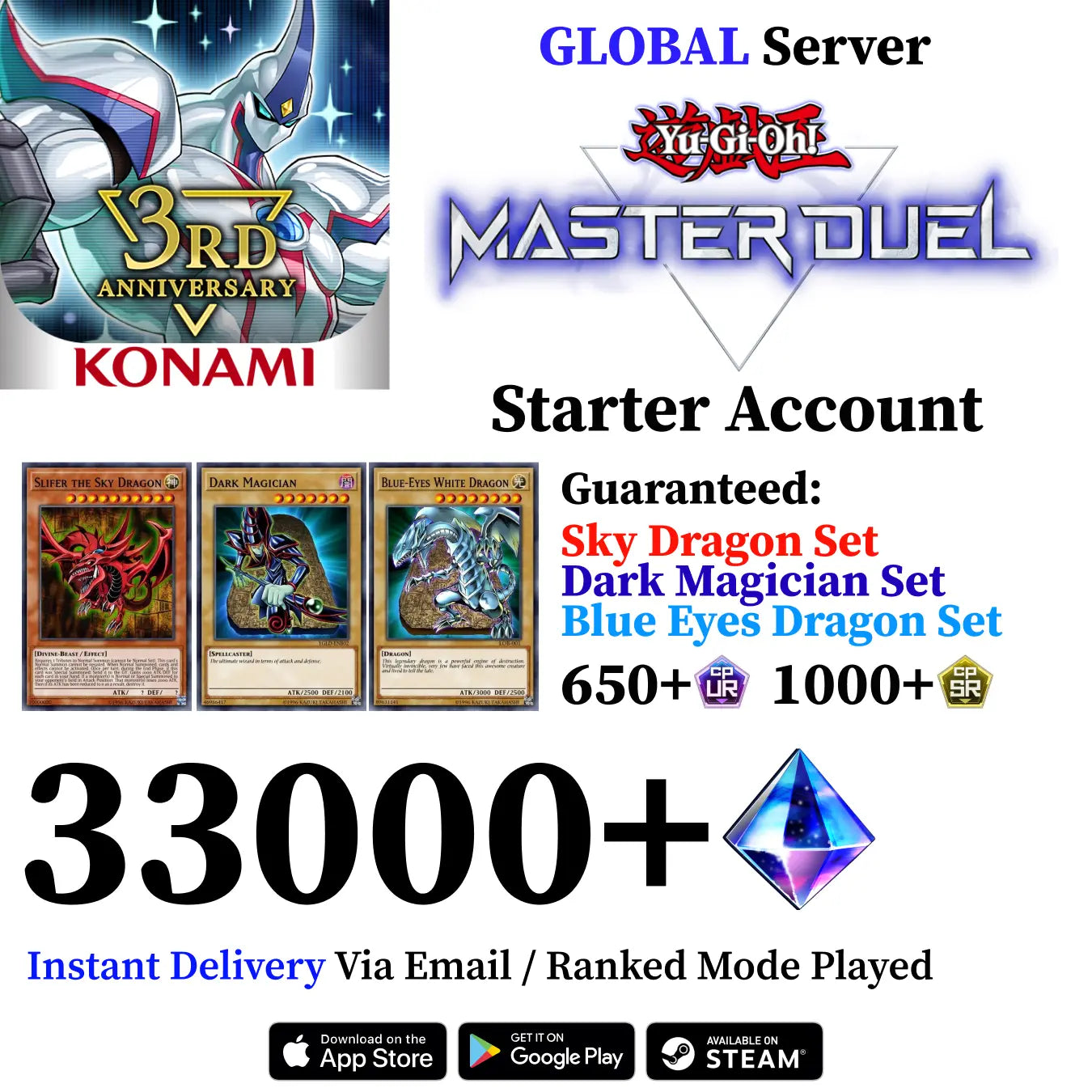 Yu-Gi-Oh! Master Duel Starter Account with White Dragon, Sky Dragon and Dark Magician [Global]
